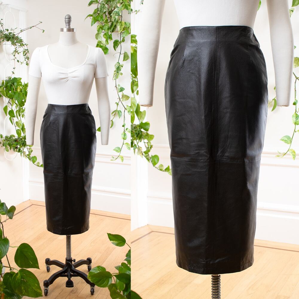 Vintage 1980s 80s Deadstock NWT Black Genuine Leather Pencil Wiggle Midi Skirt